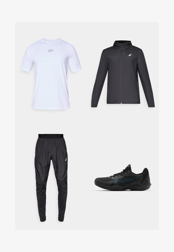 Casaco leve preto com capuz, fecho frontal, mangas longas e um pequeno logotipo no peito. Tecido suave e resistente à água.; Camisola atlética de mangas curtas brancas, feita de um tecido de malha leve e respirável. Apresenta um decote redondo e um logótipo circular EA7 no peito.; Calças atléticas pretas com uma cintura elástica, bolsos laterais e painéis de textura contrastante nas pernas. Logo da Asics no quadril.; ASICS SOLUTION SPEED FF 3 CLAY - Sapatilhas para ténis em terra batida - black/prism blue