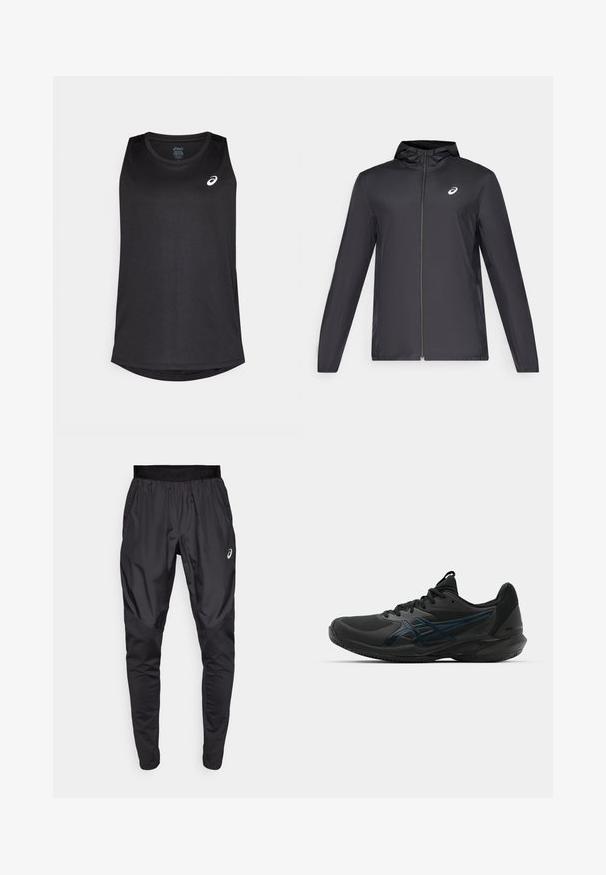 Schwarze, leichte Jacke mit Kapuze, Frontreißverschluss, langen Ärmeln und kleinem Logo auf der Brust. Glattes, wasserabweisendes Material.; Schwarzes ärmelloses Sporttanktop aus leichtem Stoff, mit abgerundetem Saum und einem weißen Logo auf der oberen linken Vorderseite.; Schwarze Sporthosen mit einem dehnbaren Bund, Seitentaschen und kontrastierenden Texturpanelen an den Beinen. Asics-Logo an der Hüfte.; ASICS SOLUTION SPEED FF 3 CLAY - Tennisschuh für Sandplätze - black/prism blue