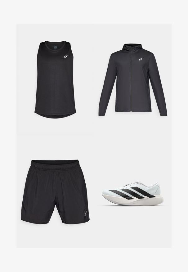 Giacca leggera nera con cappuccio, zip frontale, maniche lunghe e un piccolo logo sul petto. Tessuto liscio e resistente all'acqua.; Top sportivo senza maniche di colore nero, realizzato in tessuto leggero, con orlo arrotondato e un logo bianco sulla parte superiore sinistra.; Pantaloni sportivi neri realizzati in materiale leggero, con una vita elastica e un piccolo logo sul lato sinistro inferiore.; Scarpe da corsa leggere di colore azzurro pallido con strisce nere. Presentano una tomaia liscia, punta rotonda e un'ampia intersuola bianca etichettata "LIGHTSTRIKE PRO."