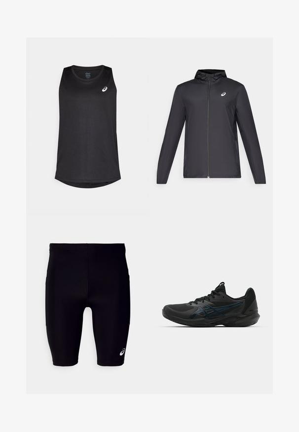 Svart lett jakke med hette, glidelås foran, lange ermer og en liten logo på brystet. Glatt, vannavstøtende stoff.; Svart ermeløs treningssinglet laget av lett materiale, med avrundet hem og hvitt logo øverst til venstre på forsiden.; Sorte treningsshorts laget av elastisk materiale, med en tettsittende passform, knelengde design og en liten hvit logo på nederste sidene.; ASICS SOLUTION SPEED FF 3 CLAY - Clay court tennissko - black/prism blue