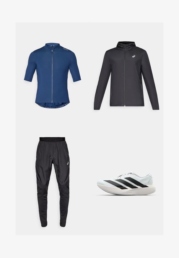 Sort letvægtsjakke med hætte, frontlynlås, lange ærmer og et lille logo på brystet. Glat, vandafvisende stof.; Korte ærmer cykelt skjorte i marineblå, med fuld lynlås, høj krave og rund kant. Lavet af glat, strækbart materiale.; Sorte træningsbukser med en strækbar talje, sidelommer og kontrasterende teksturpaneler på benene. Asics-logo på hoften.; Letvægtige løbesko i lys blå med sorte striber. Har en glat overdel, rund tå og tyk hvid mellemsål mærket "LIGHTSTRIKE PRO."