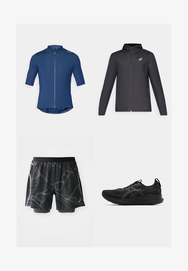 Čierna ľahká bunda s kapucňou, predným zipsom, dlhými rukávmi a malým logom na hrudi. Hladká, vodeodolná látka.; Cyklistická dres s krátkym rukávom v námorníckej modrej farbe, s úplným zipsom, vysokým golierom a zaobleným spodným okrajom. Vyrobený z hladkého, elastického materiálu.; Čierne atletické šortky s textúrovaným sivým vzorom, s elastickým pásom a svetlosivými detailami po stranách.; Čierna športová obuv s hornou časťou z mäkkej sieťoviny, zaväzovaním, zosilnenou pätou a textúrovanou podrážkou. Obsahuje jemné reflexné akcenty loga.