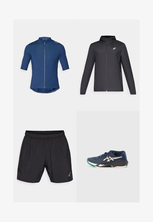 Crna lagana jakna s kapuljačom, prednjim patentnim zatvaračem, dugim rukavima i malim logom na prsima. Glatka, vodoodbojna tkanina.; Biciklistička majica kratkih rukava u tamnoplavoj boji, s punim patentnim zatvaračem, visokim ovratnikom i zaobljenim rubom. Izrađena od glatkog, rastezljivog materijala.; Crne tajice za sport izrađene od laganog materijala, s elastičnom tregrom i malim logom na donjoj lijevoj strani.; Morski sportski cipela s mrežastim gornjim dijelom, bijelim logotipom, zelenim naglaskom na prstima i višebojnim đonom. Pojednostavljeni dizajn s teksturiranom površinom.