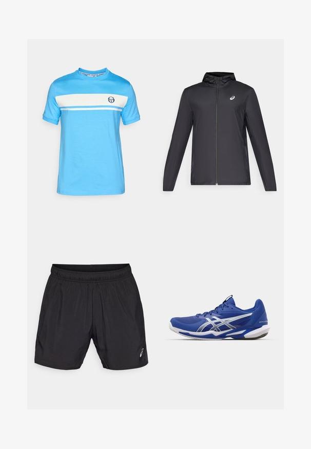 Černá lehká bunda s kapucí, předním zipem, dlouhými rukávy a malým logem na hrudi. Hladká, voděodolná tkanina.; Světle modré tričko s krátkým rukávem, které má bílý horizontální pruh a malé logo na hrudi. Vyrobeno z měkké bavlny.; Černé sportovní šortky vyrobené z lehkého materiálu, s elastickým pasem a malým logem v dolním levém rohu.; Modrá sportovní bota s síťovaným svrškem, stříbrnými akcenty a gumovou podrážkou. Obsahuje zaoblenou špičku a design polstrované mezipodešve.