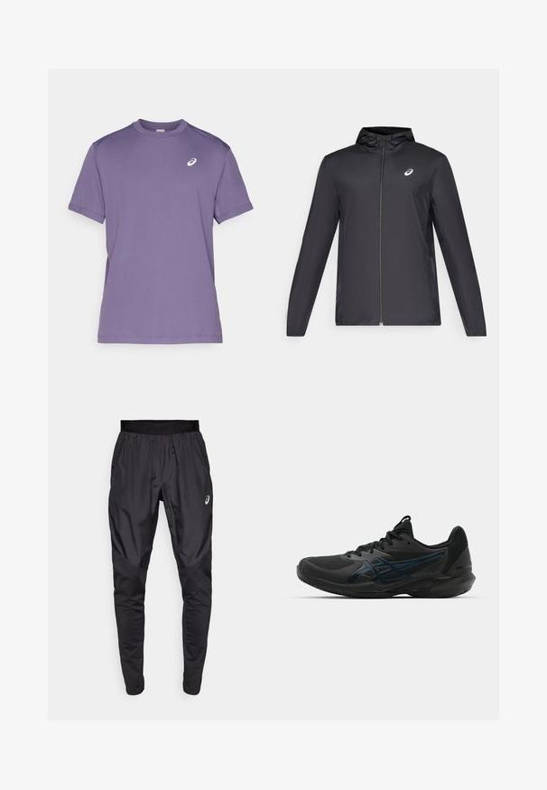 Musta kevyt takki hupulla, edessä vetoketju, pitkät hihat ja pieni logo rinnassa. sileä, vettä hylkivä kangas.; Violet urheilupaita, joka on valmistettu kevyestä kankaasta, jossa on pyöreä kaula-aukko ja lyhyet hihat. Valkoinen logo vasemmassa rinnassa.; Mustat urheiluhousut, joissa on joustava vyötärö, sivutaskut ja kontrastiväriset kangaspaneelit jaloissa. Asics-logo lantiolla.; ASICS SOLUTION SPEED FF 3 CLAY - Massakentän kengät - black/prism blue