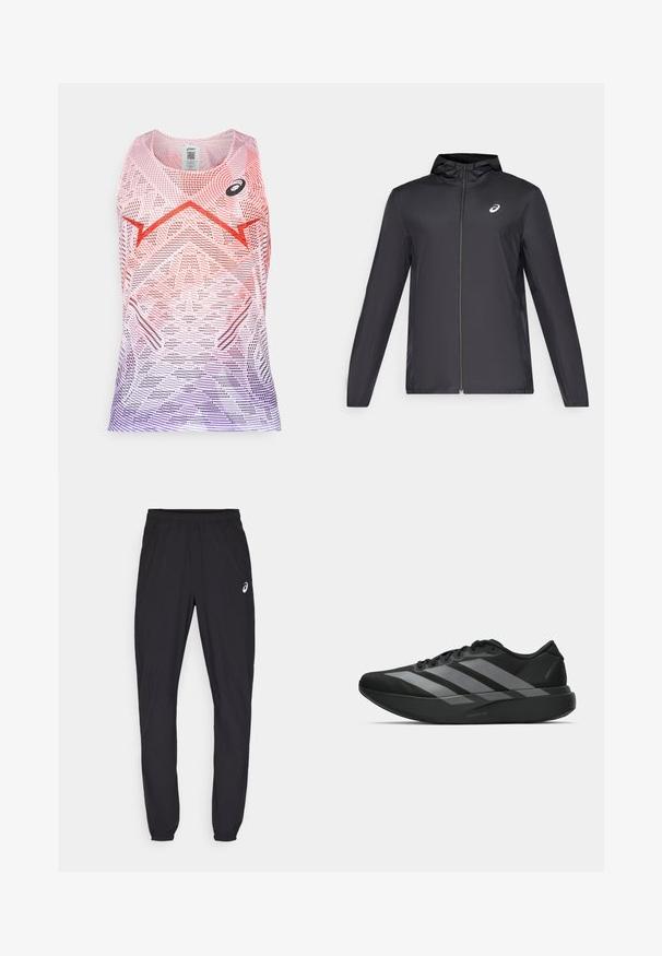 Zwarte lichtgewicht jas met een capuchon, rits aan de voorkant, lange mouwen en een klein logo op de borst. Glad, waterafstotend materiaal.; Mouwloze sporttop in een roze en paarse gradient, met geometrische patronen en een zwart logo. Gemaakt van ademend, lichtgewicht materiaal.; Zwarte sportbroek met een elastische tailleband en strakke boorden. Bevat een subtiele logo-accent op de linkerdij. Soepele, lichte stof.; Zwarte sportieve schoenen met een lichtgewicht ontwerp, voorzien van drie opvallende grijze strepen, een gladde textuur en een gevormde zool.