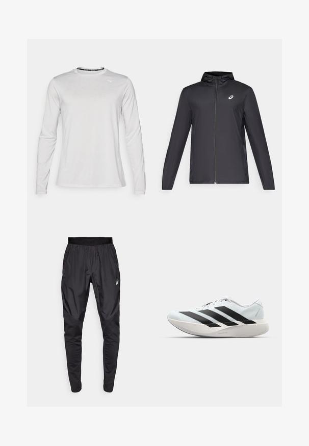 Černá lehká bunda s kapucí, předním zipem, dlouhými rukávy a malým logem na hrudi. Hladká, voděodolná tkanina.; Dlouhý rukáv sportovního trička z světle šedé tkaniny, s kulatým výstřihem a černým akcentem, hladká textura a malým bílým logem na přední straně.; Černé sportovní kalhoty s elastickým páskem, bočními kapsami a kontrastními texturovými panely na nohavicích. Logo Asics na boku.; Lehké běžecké boty v světle modré barvě s černými pruhy. Mají hladký svršek, kulatou špičku a silnou bílou mezipodešev označenou "LIGHTSTRIKE PRO."