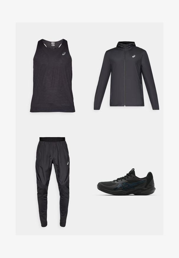 Svart lett jakke med hette, glidelås foran, lange ermer og en liten logo på brystet. Glatt, vannavstøtende stoff.; Svart atletisk tanktopp med V-hals, med teksturerte geometriske mønstre og et reflekterende logo på øvre venstre side. Lett materiale.; Svarte treningsbukser med elastisk midjebånd, sidelommer og kontrasterende teksturpaneler på bena. Asics-logo på hoften.; ASICS SOLUTION SPEED FF 3 CLAY - Clay court tennissko - black/prism blue