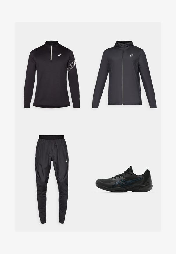 Black lightweight jacket with a hood, front zipper, long sleeves, and a small logo on the chest. Smooth, water-resistant fabric.; Black long-sleeve top with a half zip collar, textured fabric, and a contrasting white logo on the chest and dotted pattern on the sleeve.; Black athletic pants with a stretchy waistband, side pockets, and contrasting texture panels on the legs. Asics logo on the hip.; ASICS SOLUTION SPEED FF 3 CLAY - Clay court tennis shoes - black/prism blue