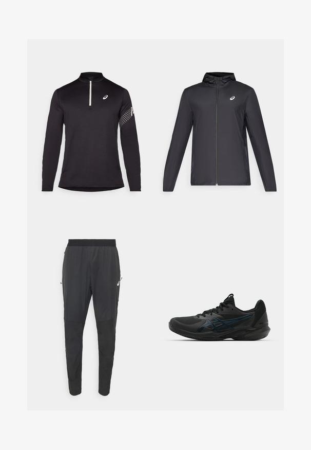 Schwarze, leichte Jacke mit Kapuze, Frontreißverschluss, langen Ärmeln und kleinem Logo auf der Brust. Glattes, wasserabweisendes Material.; Schwarzes Langarmshirt mit einem halben Reißverschlusskragen, strukturiertem Stoff und einem kontrastierenden weißen Logo auf der Brust sowie einem gepunkteten Muster am Ärmel.; Schwarze Sporthosen aus leichtem, wasserabweisendem Material, mit einem schmal zulaufenden Design, elastischem Bund und seitlichen Reißverschlusstaschen.; ASICS SOLUTION SPEED FF 3 CLAY - Tennisschuh für Sandplätze - black/prism blue