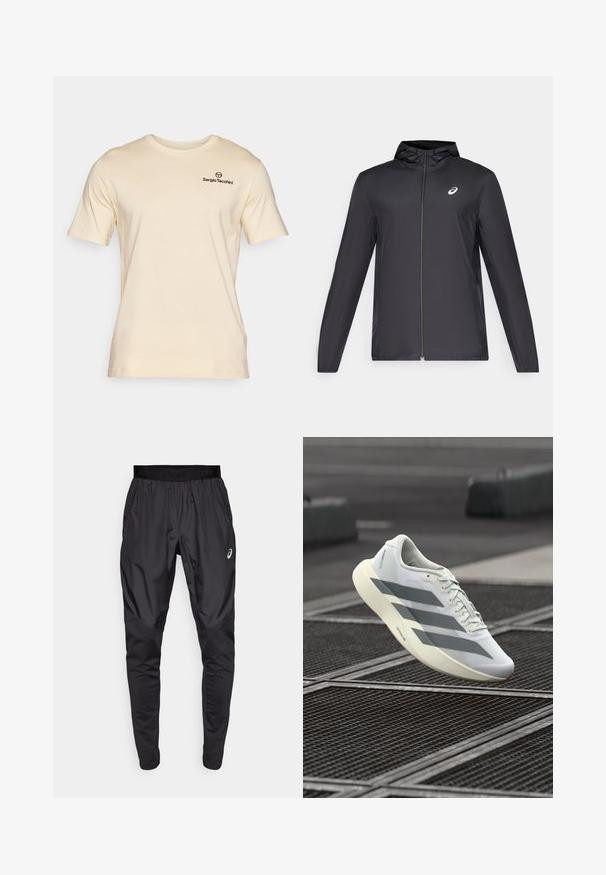 Černá lehká bunda s kapucí, předním zipem, dlouhými rukávy a malým logem na hrudi. Hladká, voděodolná tkanina.; Sergio Tacchini BOLD - Jednoduché tričko - wood ash/black; Černé sportovní kalhoty s elastickým páskem, bočními kapsami a kontrastními texturovými panely na nohavicích. Logo Asics na boku.; Bílá sportovní obuv s texturovaným síťovaným svrškem, zdobená šedými pruhy a polstrovanou podrážkou. Lehký design vhodný na běhání.
