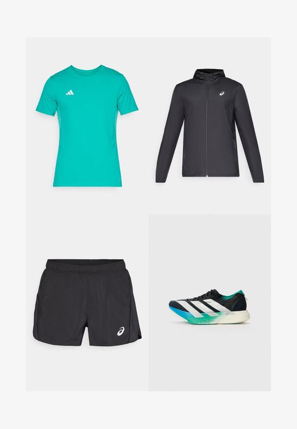 Čierna ľahká bunda s kapucňou, predným zipsom, dlhými rukávmi a malým logom na hrudi. Hladká, vodeodolná látka.; Tyrkysové športové tričko vyrobené z hladkej tkaniny s krátkymi rukávmi, okrúhlym výstrihom a bielym logom na ľavej hrudi.; Čierne atletické šortky s elastickým pásom, so bočným rozparkom a bielym logom na dolnej prednej pravej časti. Ľahký, hladký materiál.; Čierna športová topánka s bielymi pruhmi, akcentmi v teal zelenkavej farbe a gradientnou podrážkou prechádzajúcou z modrej do zelenej. Ľahký dizajn s textúrovaným zvrškom.