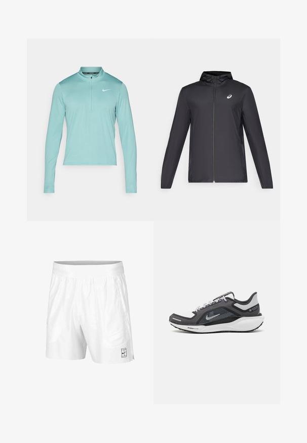 Čierna ľahká bunda s kapucňou, predným zipsom, dlhými rukávmi a malým logom na hrudi. Hladká, vodeodolná látka.; Svetlo tyrkysový dlhý rukáv športový top s polovičným zipsom a bielym logom Nike na ľavej hrudi. Hladká, elastická tkanina.; Biele športové šortky z ľahkej tkaniny s elastickým pásom, obsahujúce dve bočné vrecká a malé čierne logo na leme.; Čierna a sivá športová obuv s vrchnou časťou z priedušného materiálu, reflexné akcenty a biely medzipodrážka. Obsahuje štruktúrovanú gumovú podrážku a šnúrky.