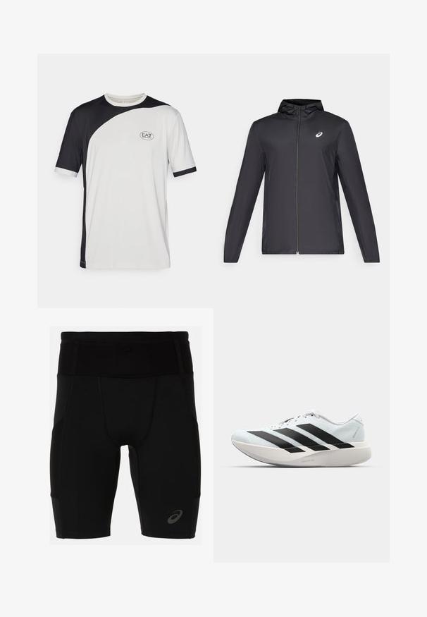 Juodas lengvas džemperis su gobtuvu, priekiniais užtrauktukais, ilgomis rankovėmis ir mažai logo ant krūtinės. Lygi, vandeniui atspari medžiaga.; Trumpas rankovėmis T-shirts su juodos ir baltos spalvų blokų dizainu, pagamintas iš lengvos medžiagos. Su EA7 logotipu ant krūtinės.; Juodi sportiniai šortai su prigludusia forma, pagaminti iš lygaus audinio. Savybės: aukšta juosmens juosta ir mažas logotipas kairėje apatinėje kojoje.; Lengvi bėgimo batai šviesiai mėlynos spalvos su juodomis juostelėmis. Yra lygus viršus, apvalus pirštas ir storas baltas vidpadis su užrašu "LIGHTSTRIKE PRO."