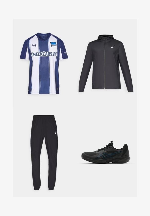 Giacca leggera nera con cappuccio, zip frontale, maniche lunghe e un piccolo logo sul petto. Tessuto liscio e resistente all'acqua.; Maglia da calcio a righe blu e bianche con design a V. Presenta i loghi di Castore e Hertha BSC; tessuto leggero con una texture sportiva.; Pantaloni sportivi neri con cintura elastica e polsini aderenti. Presentano un discreto logo sulla coscia sinistra. Tessuto morbido e leggero.; ASICS SOLUTION SPEED FF 3 CLAY - da tennis per terra battuta - black/prism blue