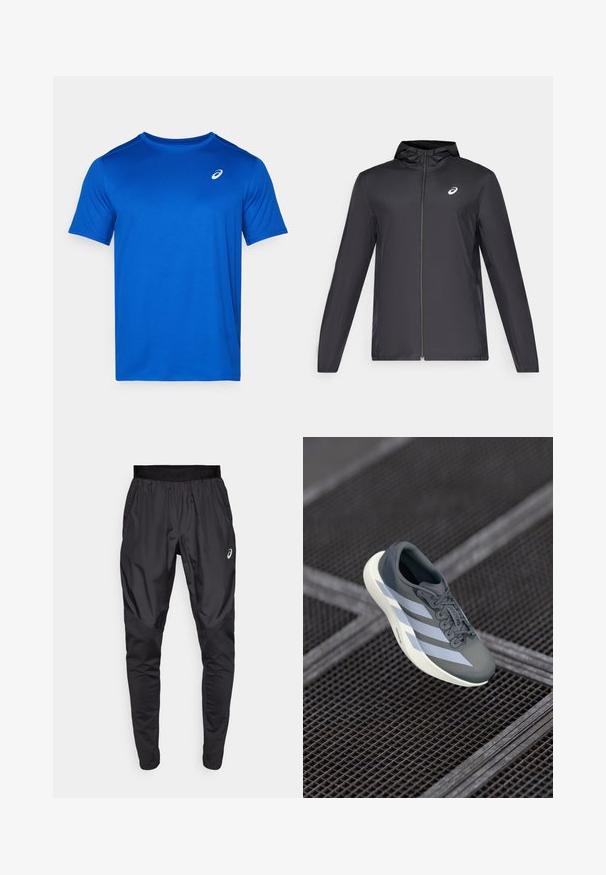Černá lehká bunda s kapucí, předním zipem, dlouhými rukávy a malým logem na hrudi. Hladká, voděodolná tkanina.; Modré tričko s krátkým rukávem vyrobené z lehkého materiálu. Má kulatý výstřih a malé bílé logo na hrudi. Hladká textura.; Černé sportovní kalhoty s elastickým páskem, bočními kapsami a kontrastními texturovými panely na nohavicích. Logo Asics na boku.; Sportovní obuv v šedé a bílé barvě, vyrobená z syntetického materiálu, s aerodynamickým designem, texturovaným povrchem a výrazným systémem šněrování.