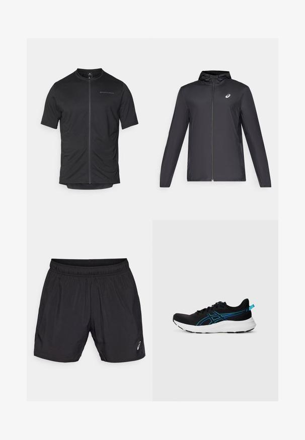 Čierna ľahká bunda s kapucňou, predným zipsom, dlhými rukávmi a malým logom na hrudi. Hladká, vodeodolná látka.; Čierny cyklistický dres s krátkym rukávom a zipsom vpredu, vyrobený z ľahkej tkaniny. Obsahuje minimalistický dizajn s embosovaným logom na hrudi.; Čierne atletické šortky vyrobené z ľahkého materiálu, s elastickým pásom a malým logom na dolnej ľavej strane.; Čierna športová obuv s priedušným sieťovaným zvrškom, modrými akcentmi, polstrovanou bielou podrážkou a textúrovaným povrchom pre lepšiu priľnavosť. Obsahuje šnúrky a pätkovú slučku.