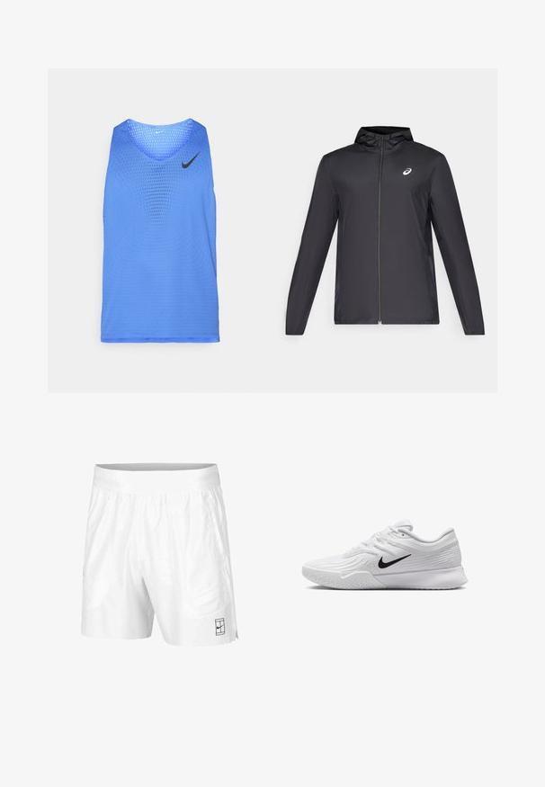 Schwarze, leichte Jacke mit Kapuze, Frontreißverschluss, langen Ärmeln und kleinem Logo auf der Brust. Glattes, wasserabweisendes Material.; Blaue Netztanktop mit rundem Ausschnitt und kontrastierendem schwarzen Nike-Logo. Verfügt über ein perforiertes Design für Belüftung und Bewegungsfreiheit.; Weiße Sportshorts aus leichtem Gewebe mit einem elastischen Bund, ausgestattet mit zwei Seitentaschen und einem kleinen schwarzen Logo am Saum.; Weißer Sportschuh mit strukturiertem Mesh-Obermaterial, schwarzem Nike-Swoosh, gepolstertem Kragen und Gummisohle mit einem Profilmuster.