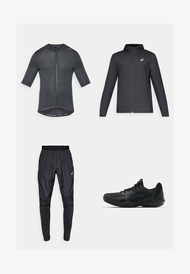 Mustmust mustgaasiga, millega on väike kapuuts, ees lukuga, pikad varrukad ja väike logo rinnal. Sile, veekindel kangas.; Lühikeste varrukatega jalgrattapluus tumehalli värviga, millel on eeslukku, tekstuuriga kangas ja kontrastne sisemine äär, millel on tekst "SÕIDA KIIREMINI. SÕIDA KAUEM."; Mustavad sportlikud püksid veniva vöökohaga, küljetaskud ja kontrastsed tekstuuripaneelid jalgadel. Asicsi logo puusal.; ASICS SOLUTION SPEED FF 3 CLAY - Savikattega väljaku tennisejalatsid - black/prism blue