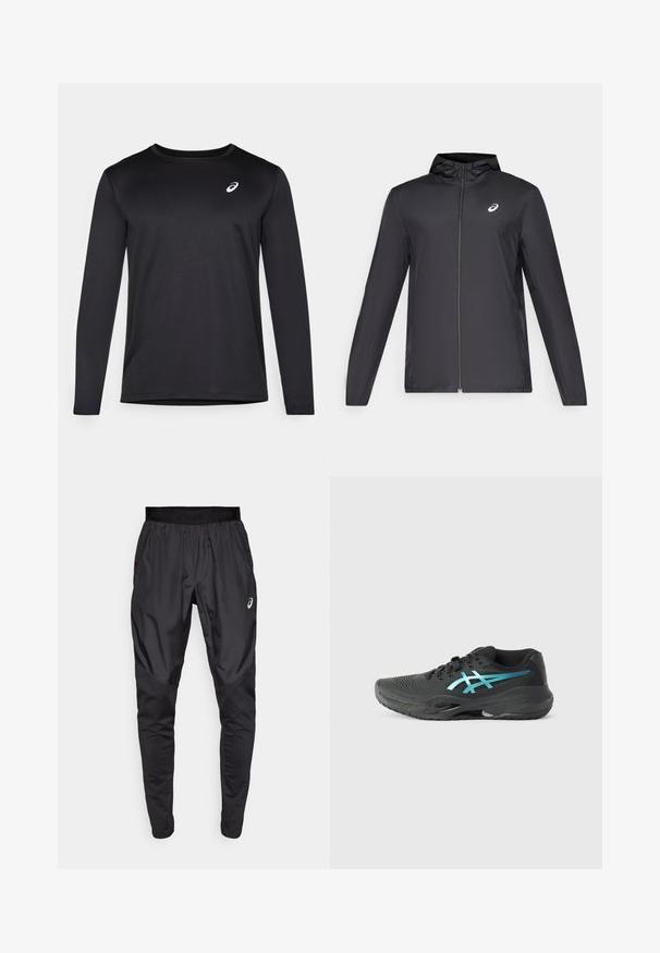 Mustmust mustgaasiga, millega on väike kapuuts, ees lukuga, pikad varrukad ja väike logo rinnal. Sile, veekindel kangas.; Must have tekstuuriga must pikkade varrukatega sportlik särk, millel on ümar kaelus ja väike logo rinnal.; Mustavad sportlikud püksid veniva vöökohaga, küljetaskud ja kontrastsed tekstuuripaneelid jalgadel. Asicsi logo puusal.; ASICS GEL RESOLUTION - Erineva kattega väljaku tennisejalatsid - black/blue