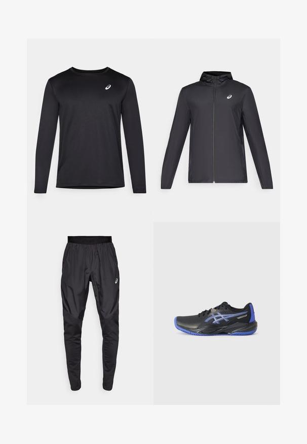 Crna lagana jakna s kapuljačom, prednjim patentnim zatvaračem, dugim rukavima i malim logom na prsima. Glatka, vodoodbojna tkanina.; Crna dugokraka sportska majica od teksturirane tkanine, s okruglim izrezom i malim logotipom na prsima.; Crne sportske hlače s rastezljivim pojasom, bočnim džepovima i kontrastnim teksturalnim panelima na nogama. Asics logo na kuku.; Crne sportske cipele s plavim detaljima, s perforiranim gornjim dijelom, teksturiranim potplatom i logotipom. Zaobljeni nos i jastučić u peti.
