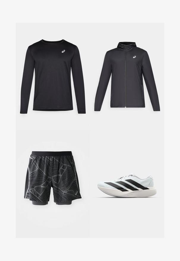 Juodas lengvas džemperis su gobtuvu, priekiniais užtrauktukais, ilgomis rankovėmis ir mažai logo ant krūtinės. Lygi, vandeniui atspari medžiaga.; Juodas ilgomis rankovėmis sportinis marškinėliai, pagaminti iš tekstūruotos medžiagos, su apvaliu kaklu ir mažas logotipas ant krūtinės.; Juodi sportiniai šortai su tekstūrizuotu pilku raštu, turintys elastingą juosmenį ir šviesiai pilkus akcentus prie šonų.; Lengvi bėgimo batai šviesiai mėlynos spalvos su juodomis juostelėmis. Yra lygus viršus, apvalus pirštas ir storas baltas vidpadis su užrašu "LIGHTSTRIKE PRO."