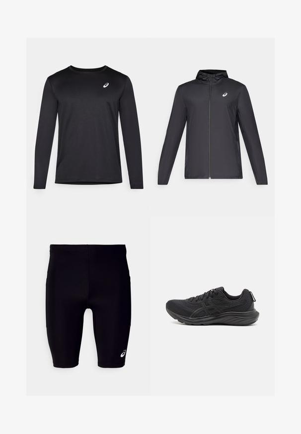 Jachetă ușoară neagră cu glugă, fermoar frontal, mâneci lungi și un mic logo pe piept. Material neted și rezistent la apă.; Cămașă sportivă neagră cu mânecă lungă, realizată dintr-un material texturat, având un decolteu rotund și un logo mic pe piept.; Șorturi atletice negre din material elastic, cu o croială strânsă, design până la genunchi și un mic logo alb pe partea inferioară.; Pantofi sport negri din plasă și materiale sintetice, având un superior texturat, un design cu șireturi și o talpă căptușită cu un tab de prindere.