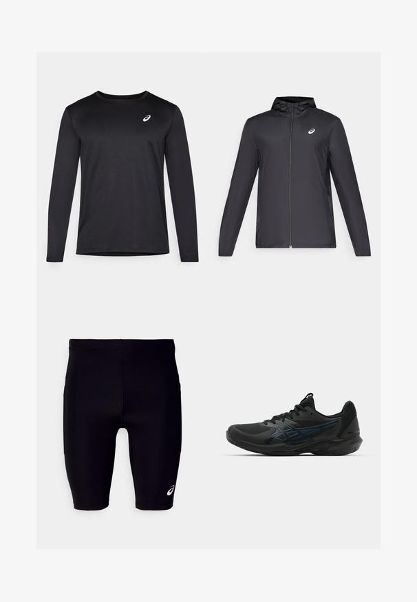Veste légère noire avec capuche, fermeture éclair sur le devant, manches longues et petit logo sur la poitrine. Tissu lisse et résistant à l'eau.; Maillot de sport noir à manches longues en tissu texturé, doté d'un col rond et d'un petit logo sur la poitrine.; Shorts de sport noirs en matériau extensible, avec un ajustement serré, une coupe au genou et un petit logo blanc sur le côté inférieur.; ASICS SOLUTION SPEED FF 3 CLAY - Chaussures de tennis pour terre-battueerre battue - black/prism blue