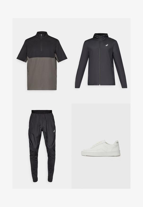 Casaco leve preto com capuz, fecho frontal, mangas longas e um pequeno logotipo no peito. Tecido suave e resistente à água.; Camisa polo de mangas curtas com gola de meio zíper, apresentando uma parte superior preta e uma parte inferior cinza, feita de tecido suave com costuras mínimas.; Calças atléticas pretas com uma cintura elástica, bolsos laterais e painéis de textura contrastante nas pernas. Logo da Asics no quadril.; Sapatilha de couro branco com acabamento suave, bico redondo, atacadores planos e uma sola texturizada. Apresenta um logotipo discreto no calcanhar.