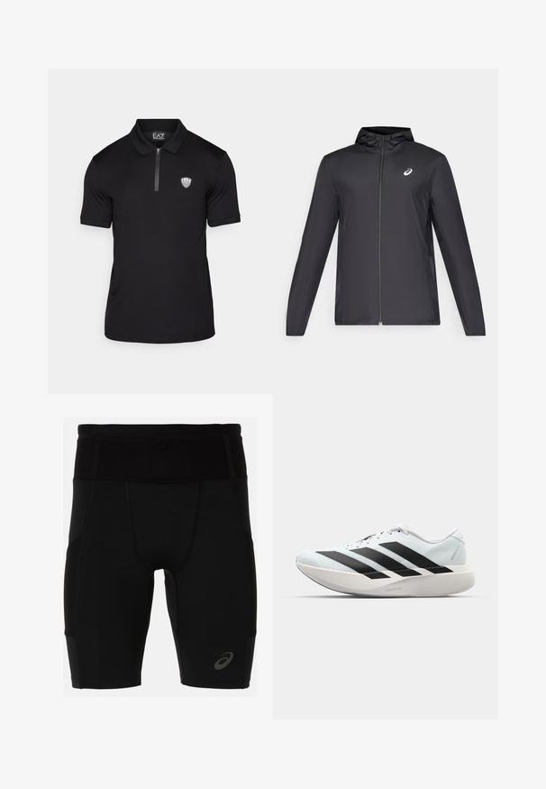 Svart lett jakke med hette, glidelås foran, lange ermer og en liten logo på brystet. Glatt, vannavstøtende stoff.; Svart polo skjorte laget av glatt stoff med korte ermer, halvglidelås foran og en liten brodert logo på venstre bryst.; Svartidrettsshorts med en tettsittende design, laget av glatt materiale. Har en høy midje og en liten logo på venstre legg.; Lette løpesko i lys blå med svarte striper. Har en myk overdel, rund tå og tykk hvit mellomsole merket "LIGHTSTRIKE PRO."