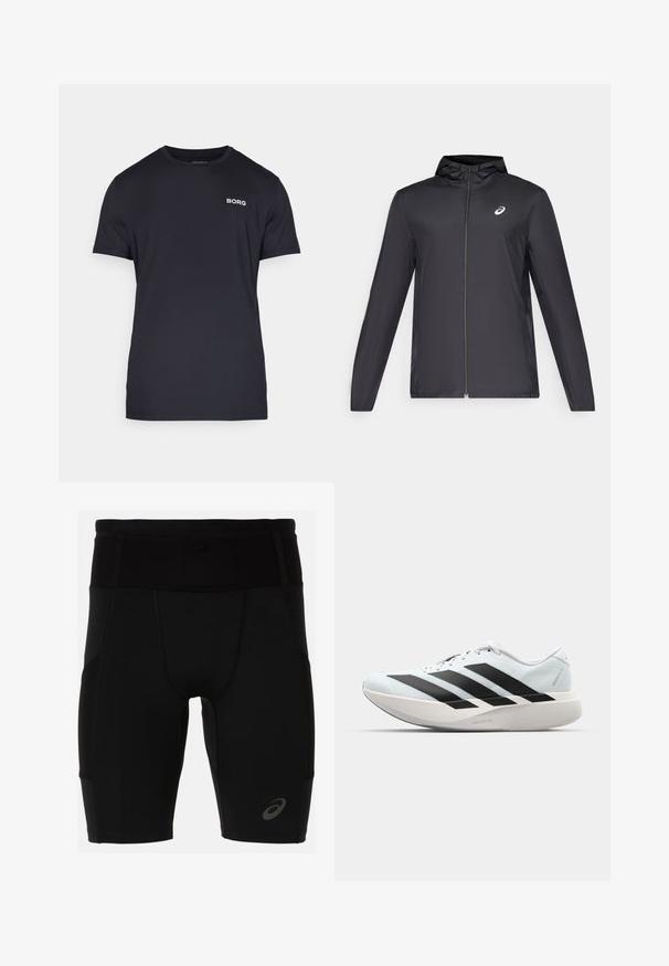 Fekete, könnyű dzseki kapucnival, elöl cipzárral, hosszú ujjú, és egy kisebb logóval a mellkason. Simább, vízálló anyag.; Fekete póló, puha anyagból, kerek nyakkivágással és rövid ujjal. A bal mellrészén fehér "BORG" logó található.; Fekete sportos rövidnadrág, amely illeszkedő fazonú, sima anyagból készült. Magas derékkal rendelkezik, és egy kis logó található a bal alsó lábszáron.; Világoskék, fekete csíkos könnyű futószerek. Simább felső résszel, kerek orral és vastag fehér középtalppal, amelyen a "LIGHTSTRIKE PRO" felirat olvasható.