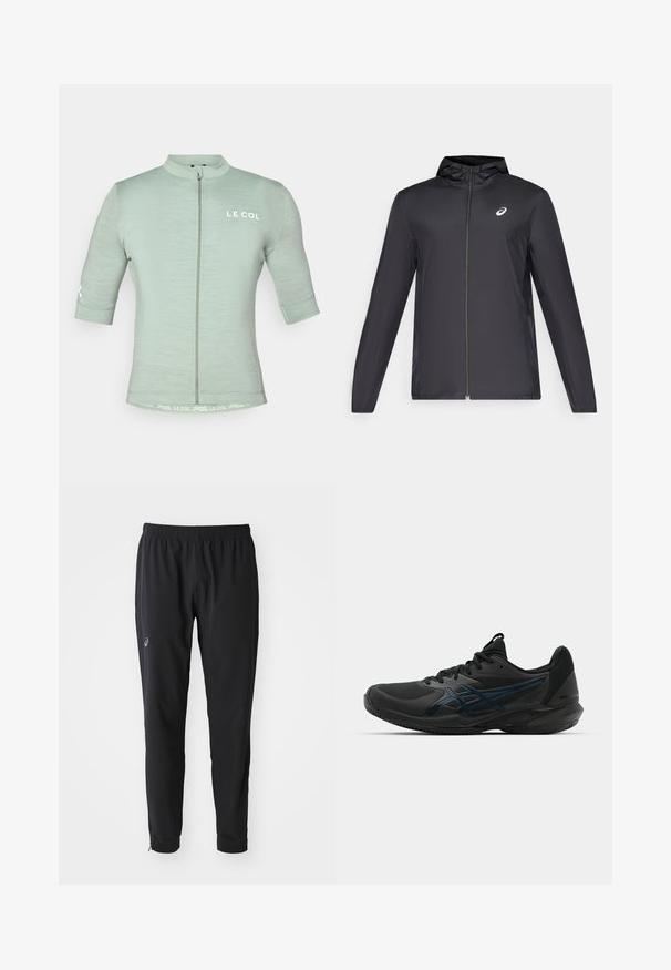 Svart lett jakke med hette, glidelås foran, lange ermer og en liten logo på brystet. Glatt, vannavstøtende stoff.; Lys grønn sykkeltrøye med korte ermer, glidelås foran, reflekterende logo og minimalistisk design; teksturert stoff med tett passform.; ASICS MATCH PANT - Joggebukse - performance black; ASICS SOLUTION SPEED FF 3 CLAY - Clay court tennissko - black/prism blue