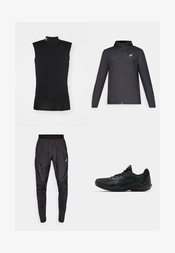Giacca leggera nera con cappuccio, zip frontale, maniche lunghe e un piccolo logo sul petto. Tessuto liscio e resistente all'acqua.; Top senza maniche nero con collo alto, realizzato in tessuto liscio e elastico. Presenta cuciture piatte e un sottile logo accennato sul colletto.; Pantaloni sportivi neri con una cintura elastica, tasche laterali e pannelli di texture a contrasto sulle gambe. Logo Asics sull'anca.; ASICS SOLUTION SPEED FF 3 CLAY - da tennis per terra battuta - black/prism blue