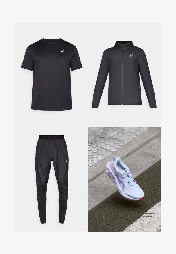 Giacca leggera nera con cappuccio, zip frontale, maniche lunghe e un piccolo logo sul petto. Tessuto liscio e resistente all'acqua.; Maglietta sportiva nera a maniche corte realizzata in tessuto traspirante, con collo rotondo e un piccolo logo bianco sulla parte superiore sinistra del petto.; Pantaloni sportivi neri con una cintura elastica, tasche laterali e pannelli di texture a contrasto sulle gambe. Logo Asics sull'anca.; Scarpa da ginnastica azzurro chiaro con accenti viola, tomaia testurizzata, suola rossa, tacco sollevato e un motivo screziato unico sulla suola intermedia e sul tallone.