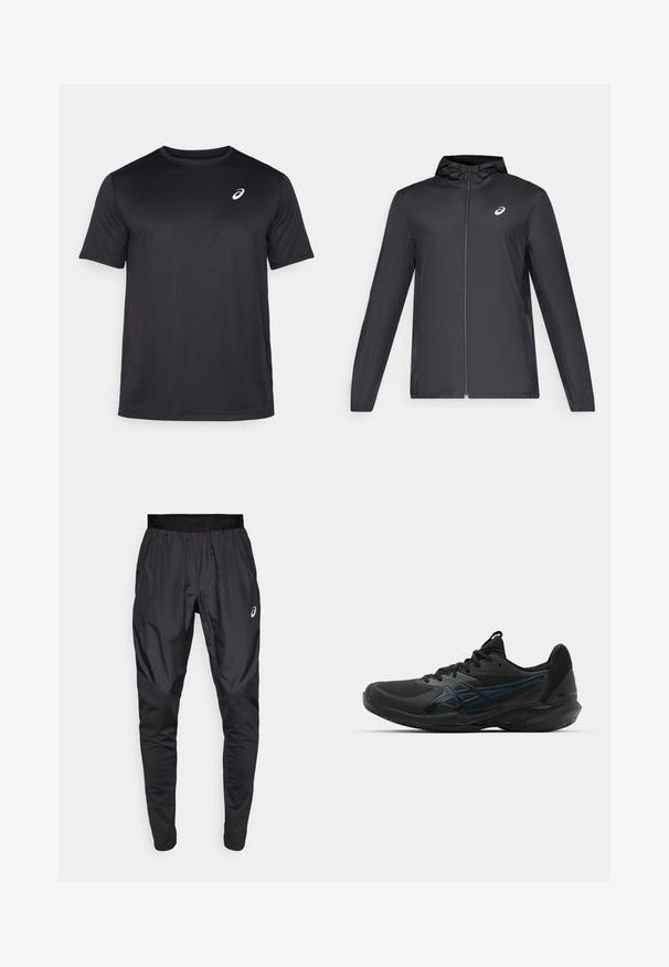 Czarna, lekka kurtka z kapturem, z zamek błyskawicznym z przodu, długimi rękawami i małym logo na klatce piersiowej. Gładki, wodoodporny materiał.; Czarny krótki rękawek koszulka sportowa wykonana z oddychającego materiału, z okrągłym dekoltem i małym białym logo na górnej lewej części klatki piersiowej.; Czarne spodenki sportowe z elastycznym paskiem w talii, bocznymi kieszeniami oraz kontrastującymi panelami teksturującymi na nogawkach. Logo Asics na biodrze.; ASICS SOLUTION SPEED 3 CLAY czarny