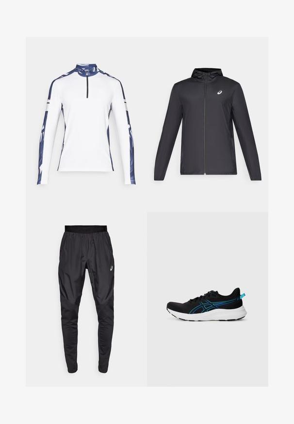 Juodas lengvas džemperis su gobtuvu, priekiniais užtrauktukais, ilgomis rankovėmis ir mažai logo ant krūtinės. Lygi, vandeniui atspari medžiaga.; Ilgaaugiai sportiniai marškiniai, balti su mėlynomis raštuotomis rankovėmis, aukštu apykakle ir 1/4 užtrauktuku. Yra kontrastuojančios juodos juostos ant rankovių.; Juodi sportiniai kelnes su elastingu juosmeniu, šoninėmis kišenėmis ir kontrastingos tekstūros panelėmis ant kojų. Asics logotipas ant klubo.; Juodas sportinis batelis su orui pralaidžia tinklo viršutine dalimi, mėlynomis detalėmis, paminkštintu baltu padu ir tekstūruota paviršiumi sukibimui. Yra raišteliai ir kulno kilpa.