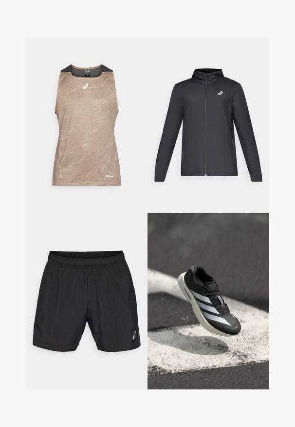 Schwarze, leichte Jacke mit Kapuze, Frontreißverschluss, langen Ärmeln und kleinem Logo auf der Brust. Glattes, wasserabweisendes Material.; Beige ärmelloses Sporttop mit strukturiertem Muster, das über einen schwarzen Netzkragen und Armakzente verfügt, sowie einem kleinen Logo auf der Vorderseite.; Schwarze sportliche Shorts aus leichtem Material, mit einem elastischen Bund und einem kleinen Logo auf der unteren linken Seite.; Schwarzer Sportschuh mit drei weißen Streifen, strukturiertem Obermaterial, schlankem Design und krummer Sohle, über einer weißen Linie auf Asphalt positioniert.