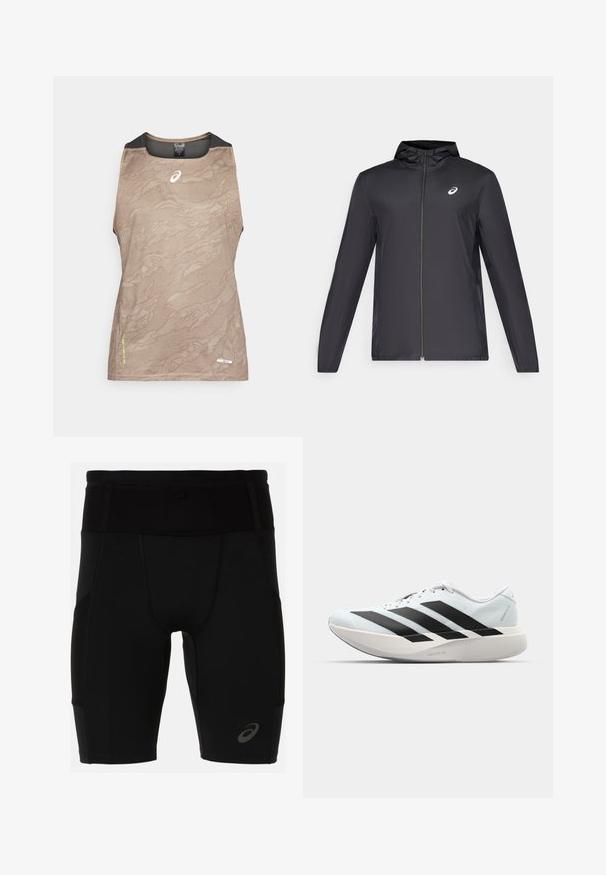 Veste légère noire avec capuche, fermeture éclair sur le devant, manches longues et petit logo sur la poitrine. Tissu lisse et résistant à l'eau.; Haut de sport sans manches de couleur beige avec un motif texturé, présentant des accents en maille noire au niveau du cou et des bras, et un petit logo à l'avant.; Shorts de sport noirs avec un design ajusté, fabriqués en matériau lisse. Présentent une taille haute et un petit logo sur la jambe gauche inférieure.; Baskets de course légères en bleu pâle avec des rayures noires. Elles présentent un dessus lisse, un embout rond et une semelle intermédiaire blanche épaisse étiquetée "LIGHTSTRIKE PRO".