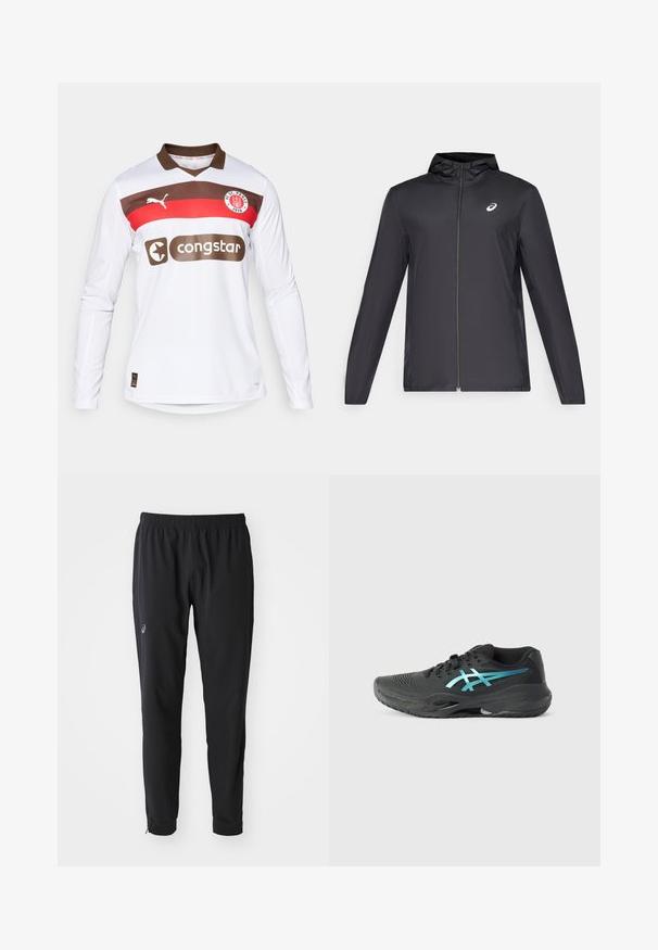 Čierna ľahká bunda s kapucňou, predným zipsom, dlhými rukávmi a malým logom na hrudi. Hladká, vodeodolná látka.; Biely dlhý rukáv futbalového dresu s hnedým golierom, s červenými a hnedými horizontálnymi pruhmi, logom Puma a logom sponzora "congstar".; ASICS MATCH PANT - Tepláky - performance black; ASICS GEL RESOLUTION - Obuv na tenisové kurty - black/blue