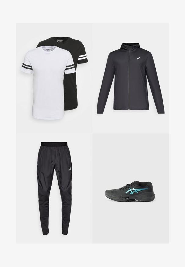 Schwarze, leichte Jacke mit Kapuze, Frontreißverschluss, langen Ärmeln und kleinem Logo auf der Brust. Glattes, wasserabweisendes Material.; Zwei Rundhals-T-Shirts, eines weiß mit schwarzen Streifen an den Ärmeln, das andere schwarz mit weißen Streifen, aus weichem Baumwollstoff.; Schwarze Sporthosen mit einem dehnbaren Bund, Seitentaschen und kontrastierenden Texturpanelen an den Beinen. Asics-Logo an der Hüfte.; ASICS GEL RESOLUTION - Multicourt Tennisschuh - black/blue