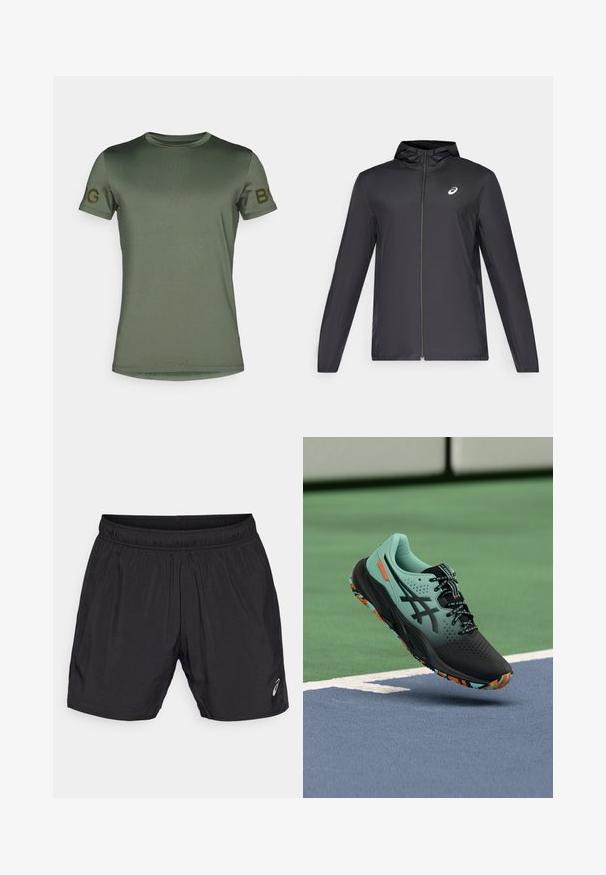 Casaco leve preto com capuz, fecho frontal, mangas longas e um pequeno logotipo no peito. Tecido suave e resistente à água.; T-shirt de manga curta verde oliva, feita de um tecido suave e leve. Apresenta um decote redondo e o logótipo "B" na manga esquerda, em uma cor contrastante.; Calções atléticos pretos feitos de material leve, com um cós elástico e um pequeno logótipo no canto inferior esquerdo.; Sapatilha atlética preta e verde-água com um topo texturizado, perfurações e uma sola de padrão multicolorido, projetada para desempenho desportivo.