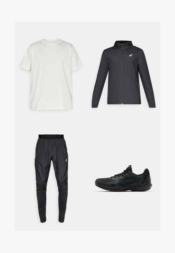 Černá lehká bunda s kapucí, předním zipem, dlouhými rukávy a malým logem na hrudi. Hladká, voděodolná tkanina.; Světle zbarvené tričko s krátkým rukávem vyrobené z měkkého materiálu, s kulatým výstřihem a malým logem na levé části hrudi.; Černé sportovní kalhoty s elastickým páskem, bočními kapsami a kontrastními texturovými panely na nohavicích. Logo Asics na boku.; ASICS SOLUTION SPEED FF 3 CLAY - Tenisové boty na antuku - black/prism blue