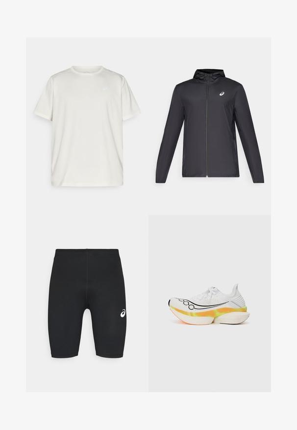 Svart lättviktsjacka med huva, framdragkedja, långa ärmar och en liten logotyp på bröstet. Slät, vattenavvisande tyg.; Ljusfärgad kortärmad t-shirt tillverkad av mjukt material, med rund halsringning och en liten logotyp på vänster bröstområde.; Svarta atletiska shorts med en slät yta, passande design och vit logotyp på vänster sida. Inga synliga fickor eller hårdvarudetaljer.; Vit löparsko med en strukturerad mesh-överdela, svart swoosh-design och en färgglad, lager på lager-sula med orange och gula detaljer.