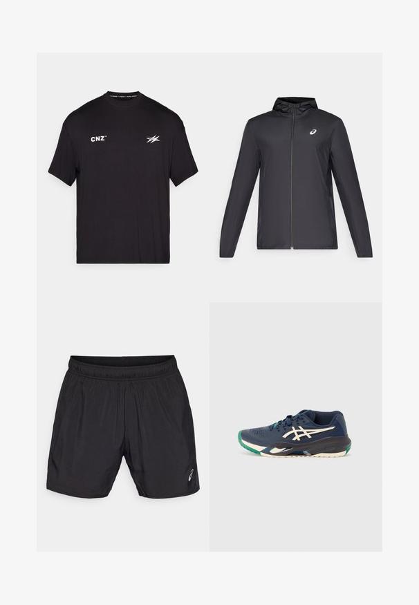 Mustmust mustgaasiga, millega on väike kapuuts, ees lukuga, pikad varrukad ja väike logo rinnal. Sile, veekindel kangas.; Must jalgadega must T-särk, mis on valmistatud puuvillast. Esiküljel on valge kiri "CNZ" ning stiliseeritud logo. Lihtne ümar kaelusdisain.; Mustad mustad lühikesed püksid, mis on valmistatud kergetest materjalidest, millel on elastne vöökoht ja väike logo vasakul all nurgas.; Merevalge spordijalats, millel on võrku pealmine osa, valge logo, roheline aksent varbad ja mitmevärviline tall. Sujuv disain koos tekstuuriga pinnaga.