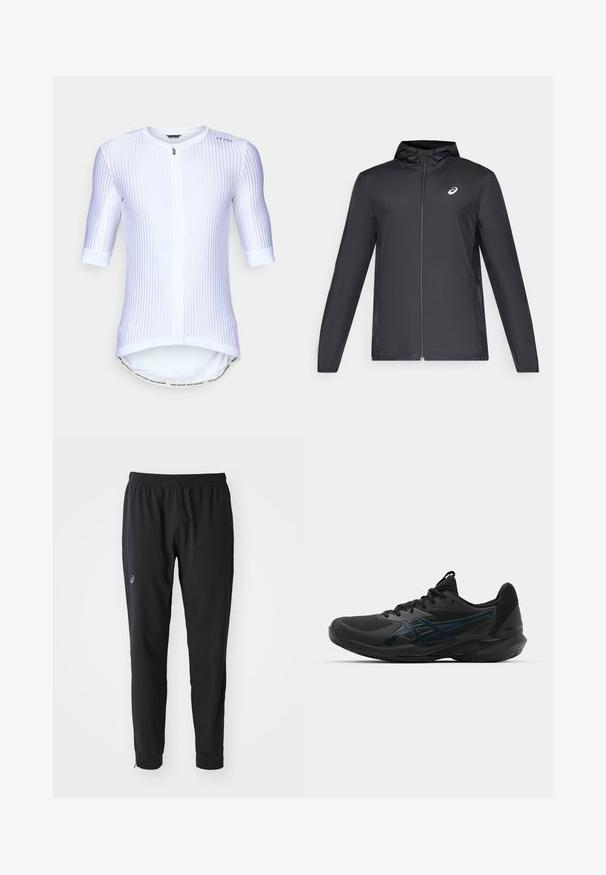 Melns viegls mētelis ar kapuci, priekšējais rāvējslēdzis, gari piedurknes un mazs logo uz krūtīm. Gluda, ūdensizturīga auduma.; Balta velosipēdu krekls ar vertikālām svītrām, īsām piedurknēm, priekša ar rāvējslēdzēju, noapaļots apakšmalā un kontrastējoša teksta josla apakšā.; ASICS MATCH PANT - Treniņtērpa apakšdaļas - performance black; ASICS SOLUTION SPEED FF 3 CLAY - Māla virsmas laukuma tenisa apavi - black/prism blue