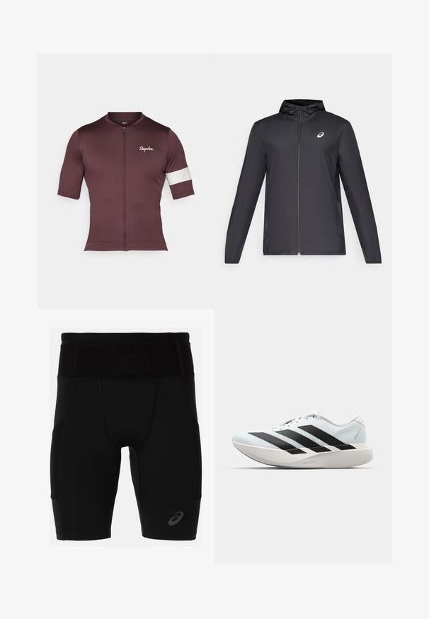 Black lightweight jacket with a hood, front zipper, long sleeves, and a small logo on the chest. Smooth, water-resistant fabric.; Burgundy cycling jersey made of breathable fabric, featuring a short zipper, short sleeves, and a white striped accent on the arm.; Black athletic shorts with a fitted design, made of smooth material. Features a high waistband and a small logo on the lower left leg.; Lightweight running shoes in pale blue with black stripes. Features a smooth upper, round toe, and thick white midsole labeled "LIGHTSTRIKE PRO."