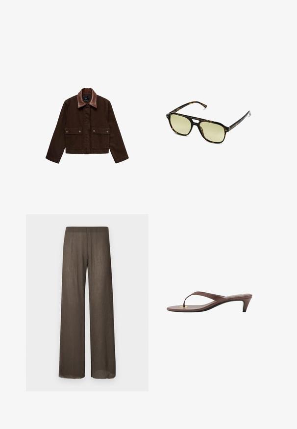 Brown denim jacket with a brown leather collar, front pockets, and snap button closures. Short, fitted design with minimal detailing.; Black short-sleeve t-shirt made of smooth fabric. Features a round neckline and a relaxed fit with a straight hemline.; Wide-leg trousers in a dark brown, lightweight, textured fabric with a soft drape. Features a minimalist design and raw hem detailing.; Brown heeled flip-flop sandal with a slender strap and rounded toe post, featuring a small gold accent on the footbed.; Tortoiseshell sunglasses with a rectangular shape, green-tinted lenses, and patterned acetate frames. Features metal accents near the lenses.; Red leather handbag with a structured design, featuring a top handle, smooth texture, and a flap closure. Simple and modern shape.