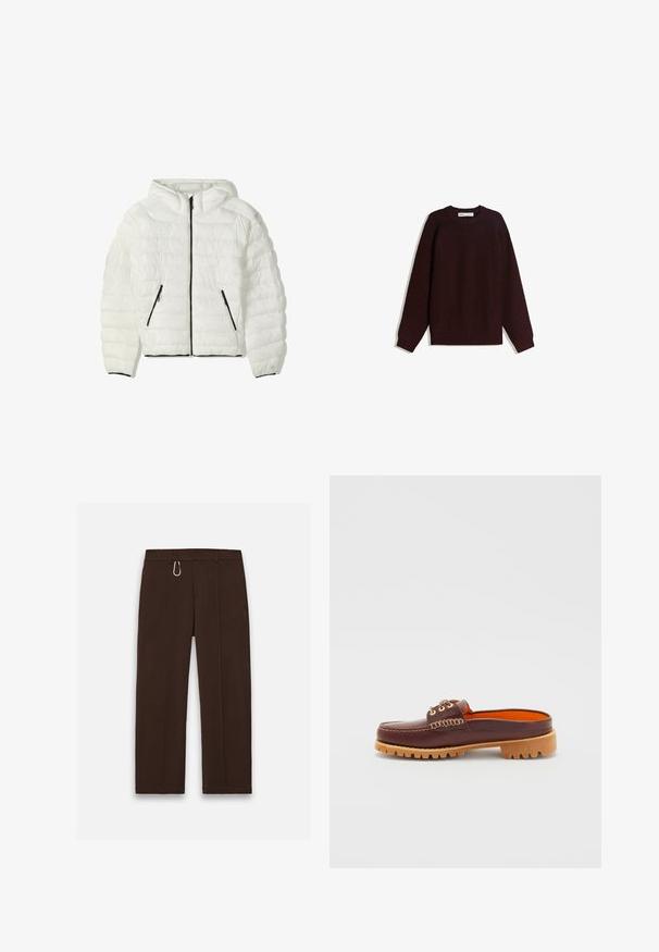 Witte pufferjack met een capuchon, voorzien van horizontaal gestikte secties, zwarte rits en twee zijzakken met rits. Accent manchetten aan de zoom.; Bordeaux gebreide trui met een ronde hals, lange mouwen en geribde boorden en onderkant. Bevat een textuurstof en heeft een relaxte pasvorm.; Bruine, wijde broek van gladde stof met een ritsluiting en een carabinerclip als opvallend accent, met twee zijvakjes.; Bruine leren instapschoen met een ronde neus, textuurstiksels, gouden oogjes en een tan gekleurde, geribbelde zool. Het interieur is feloranje.