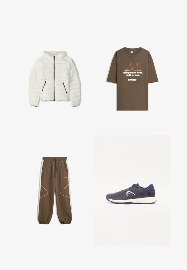 Valkoinen puffatakkia, jossa on huppu, vaakasuoria tikkauksia, musta vetoketju ja kaksi vetoketjullista sivutaskua. Korostehihnat helmassa.; Ruskea puuvillainen T-paita lyhyillä hihoilla, jossa on graafista tekstiä ja tähtiä kontrastiväreissä. Suora leikkaus ja pyöreä kaula-aukko.; Ruske joggerit, joissa on kiristysnauha vyötäröllä, sivutaskut ja kontrastiväriset vaalean crème-sivupaneelit, joissa on valkoista ommeltua ja kaarevia kuvioita.; Kengät urheilutyyliin tummansinisellä värillä, jossa on tekstuurinen muotoilu ja valkoinen logo. Ominaisuudet sisältävät pehmeän pohjan ja tummansiniset yksityiskohdat päällisessä ja kantapäässä.