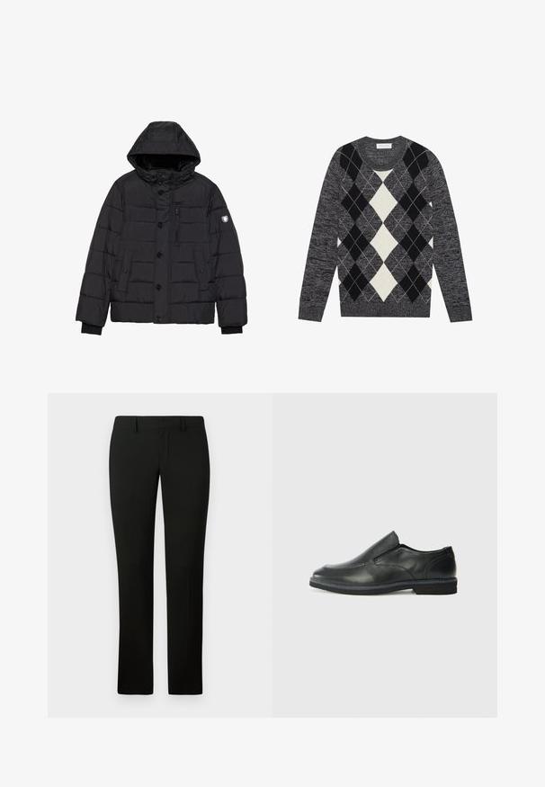 Casaco puffer preto com capuz removível, fechos de botão e zíper, textura acolchoada, bolsos laterais e no peito, e logótipo na manga.; Sweater em padrão argyle preto e branco com gola redonda, feito de tecido de malha texturizada. Mangas longas e bordas caneladas.; Calças pretas com um corte ajustado, apresentando uma textura suave e um design de perna reta. A cintura possui passantes para cinto e um acabamento limpo.; Sapato slip-on preto em pele com um upper liso, acabamentos cosidos, bico arredondado e um salto de borracha baixo. A sola apresenta um padrão de aderência mínimo.